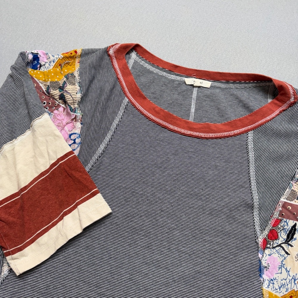 Easel Mixed Media Patchwork Striped Oversized Top Large Boho ET12464